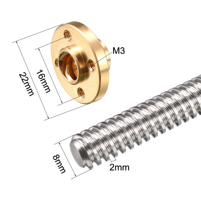 304 Stainless Steel T8 Lead Screw 2mm Pitch 2mm Leading